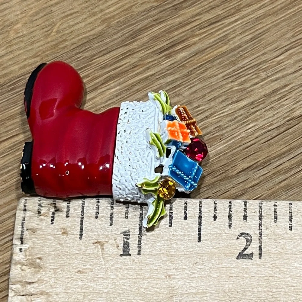 Vintage ART Christmas Enameled Brooch Santa’s Boot filled w/ Presents Xmas Pin